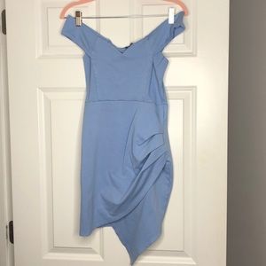 Sky blue off the shoulder dress.